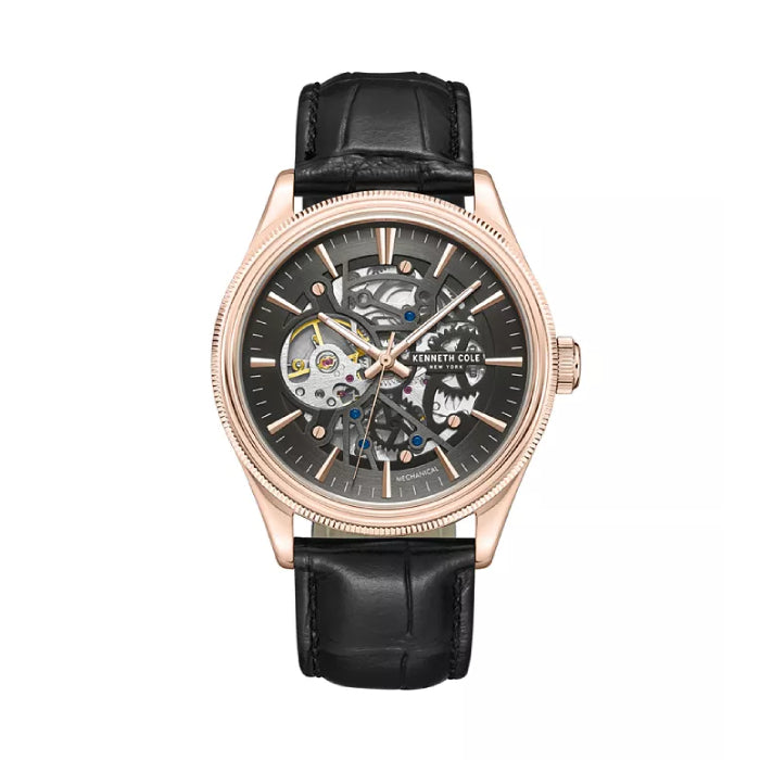 Kenneth Cole New York Mechanical Men's 42mm Black Strap Watch - Black/Rose Gold Dial