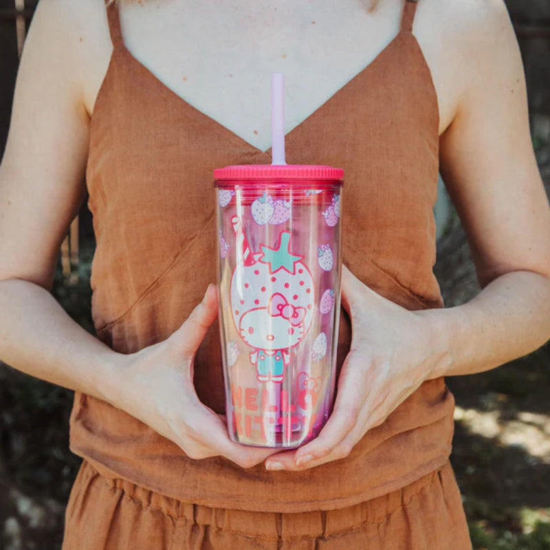 Sanrio Hello Kitty Strawberries 20 oz Tumbler With Lid and Straw - Pink