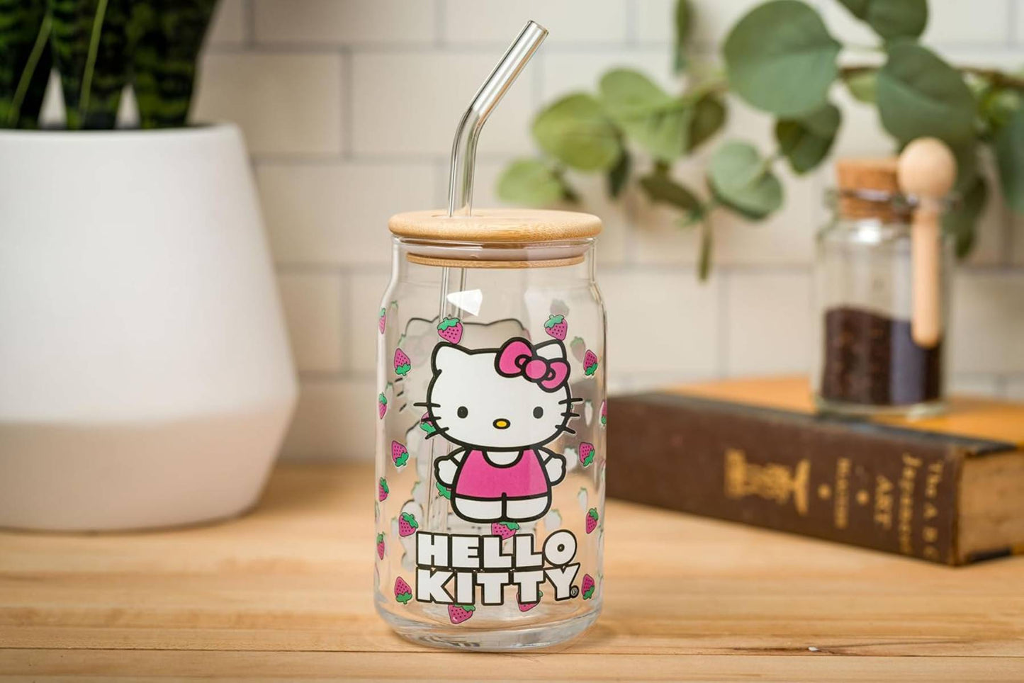 Sanrio Hello Kitty 16 oz Strawberry Toss Glass Tumbler with Lid and Straw - Multicolor