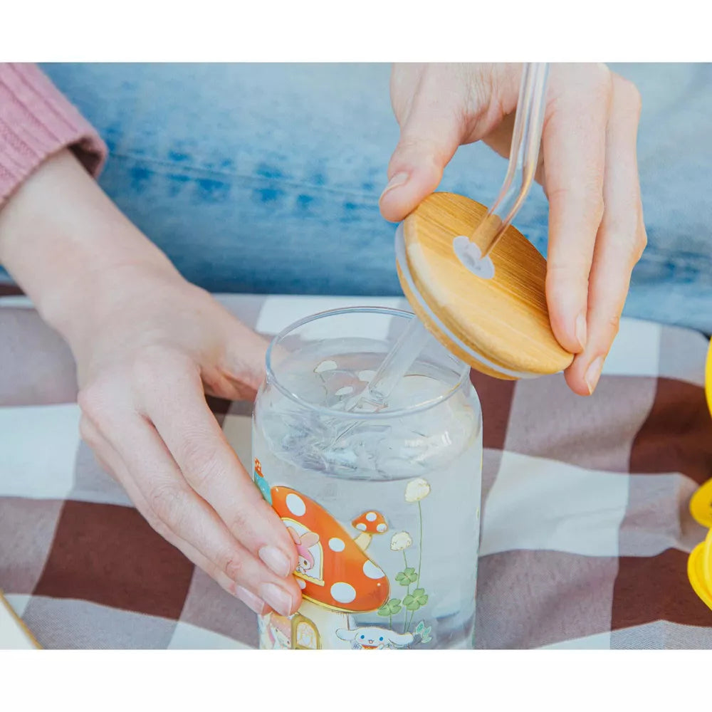 Sanrio Hello Kitty and Friends Mushroom 20 oz Glass Tumbler With Bamboo Lid and Straw - Multicolor