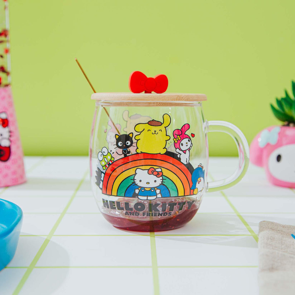 Sanrio Hello Kitty and Friends 17 oz Rainbow Glass Mug with Lid and Spoon - Multicolor
