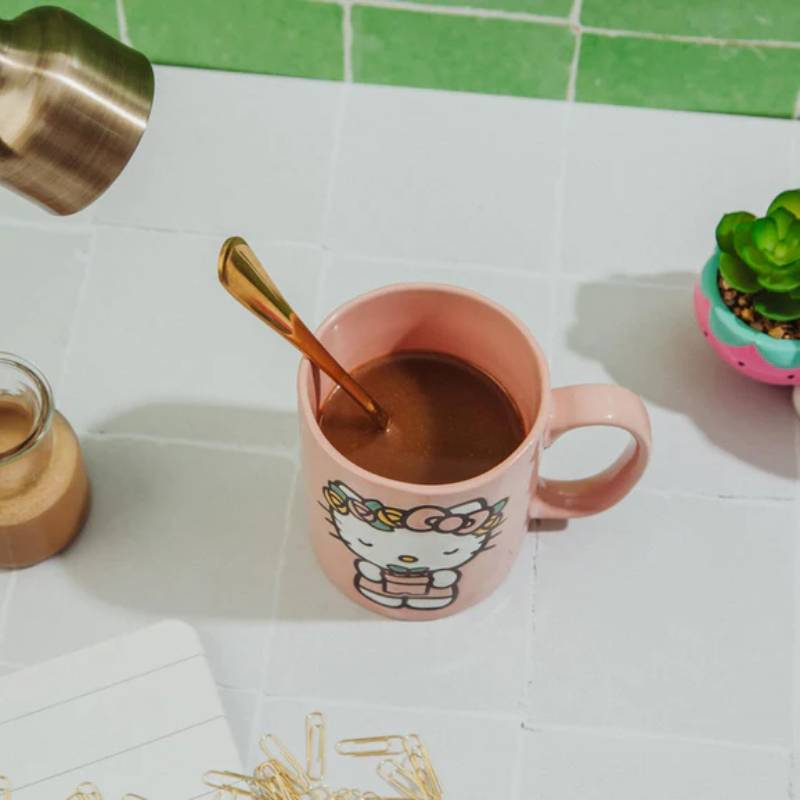 Sanrio Hello Kitty Flower Badge Wax Resist 18 oz Ceramic Pottery Mug - Pink