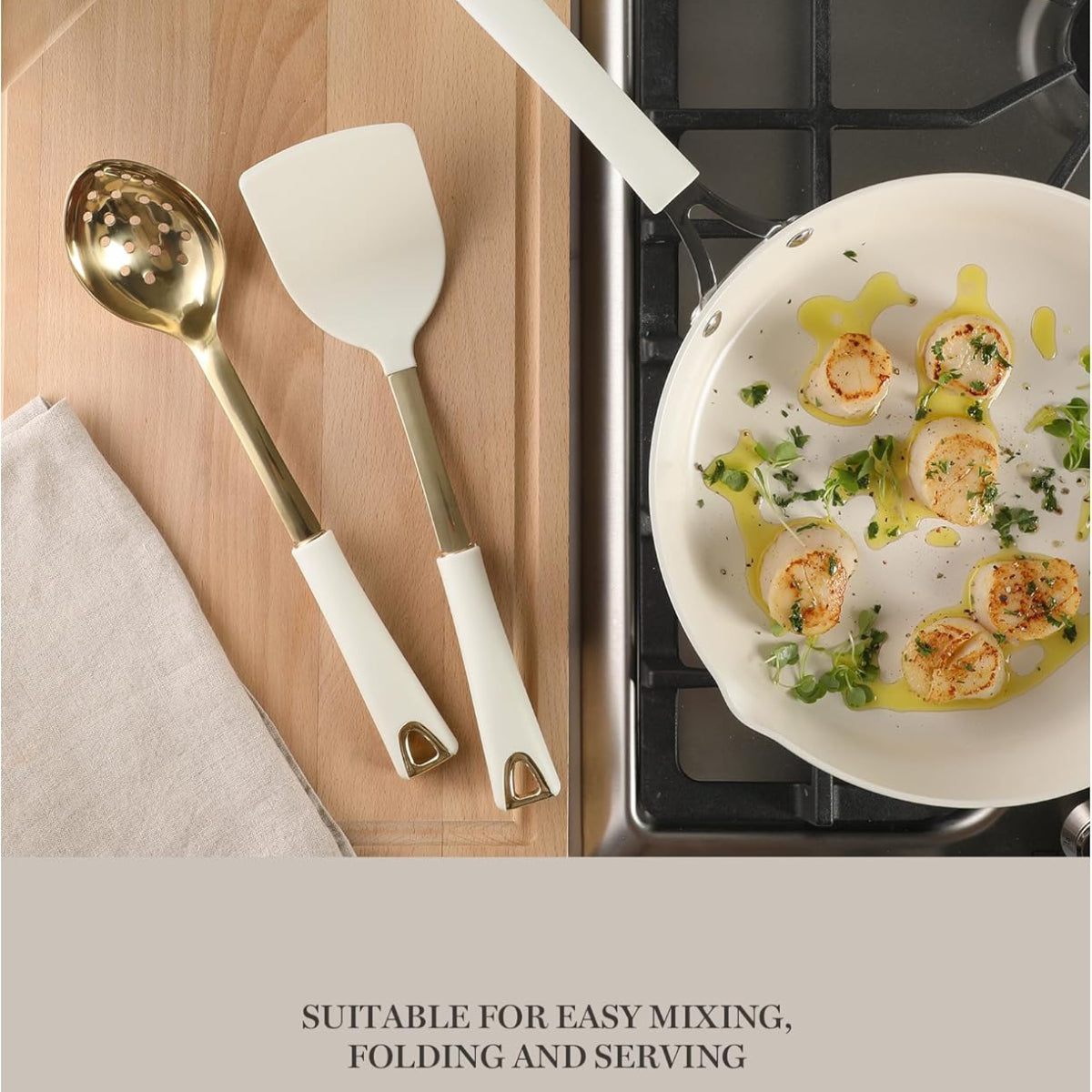 Martha Stewart 142693 Kitchen Turner and Slotted Spoon (2 Piece) Set - Linen/Gold