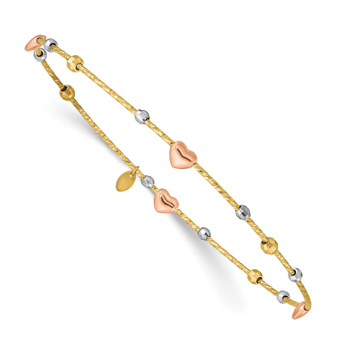 14K Women's 8.25" Diamond-Cut Heart Bangle Bracelet in 14K Three-Tone Gold