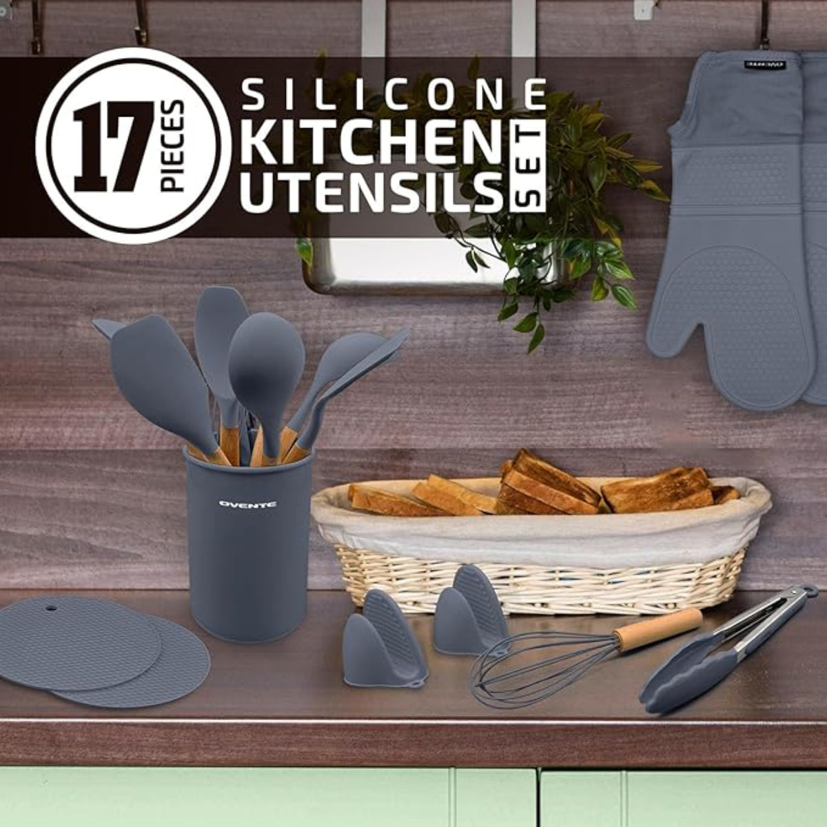 Ovente Silicone Kitchen Utensils Set (17 Pieces) - Gray
