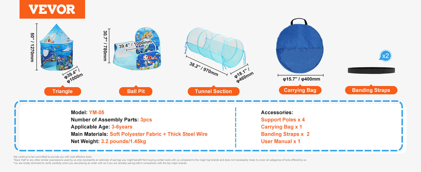 VEVOR 3 in 1 Kids Play Tent with Tunnel and Basketball Hoop