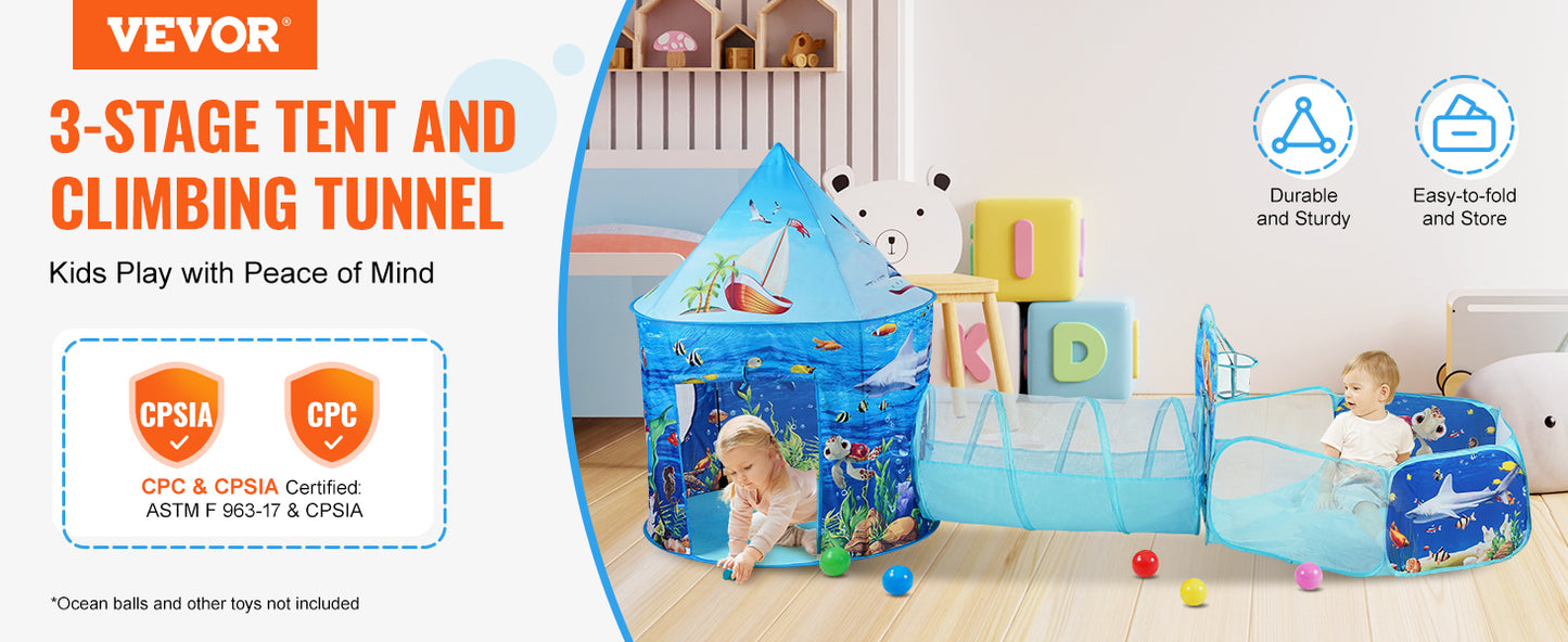 VEVOR 3 in 1 Kids Play Tent with Tunnel and Basketball Hoop