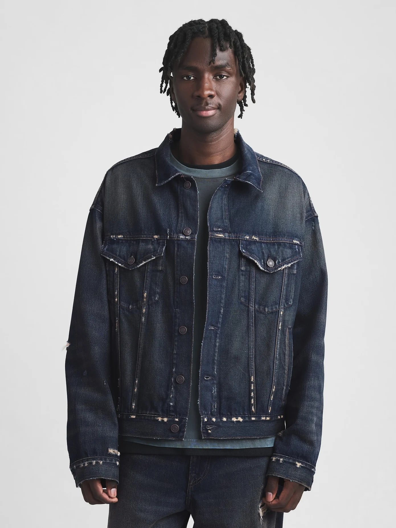 Gap - MadHappy - Distressed Denim Trucker Jacket - Dark Wash