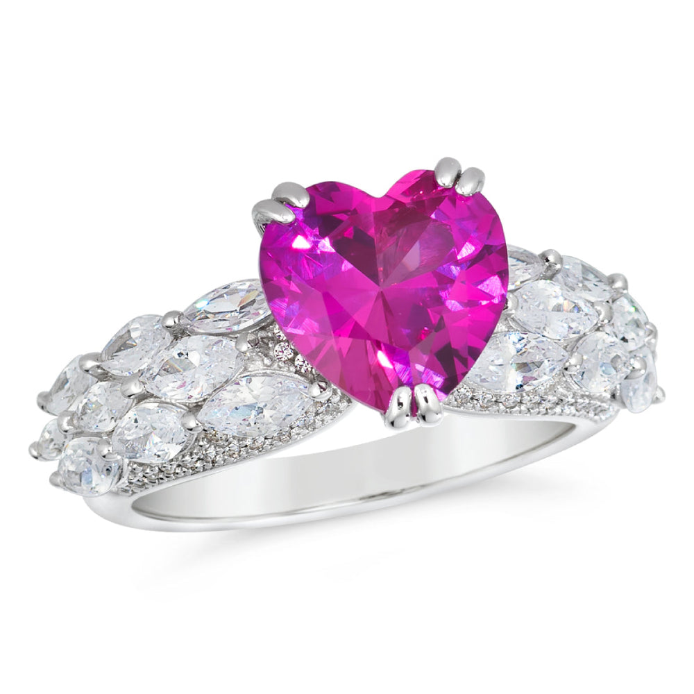 Anna Zuckerman Women's 3 ct. Diamond Crystalline and Pink Sapphire Heart Ring in Platinum-Plating over 925 Sterling Silver