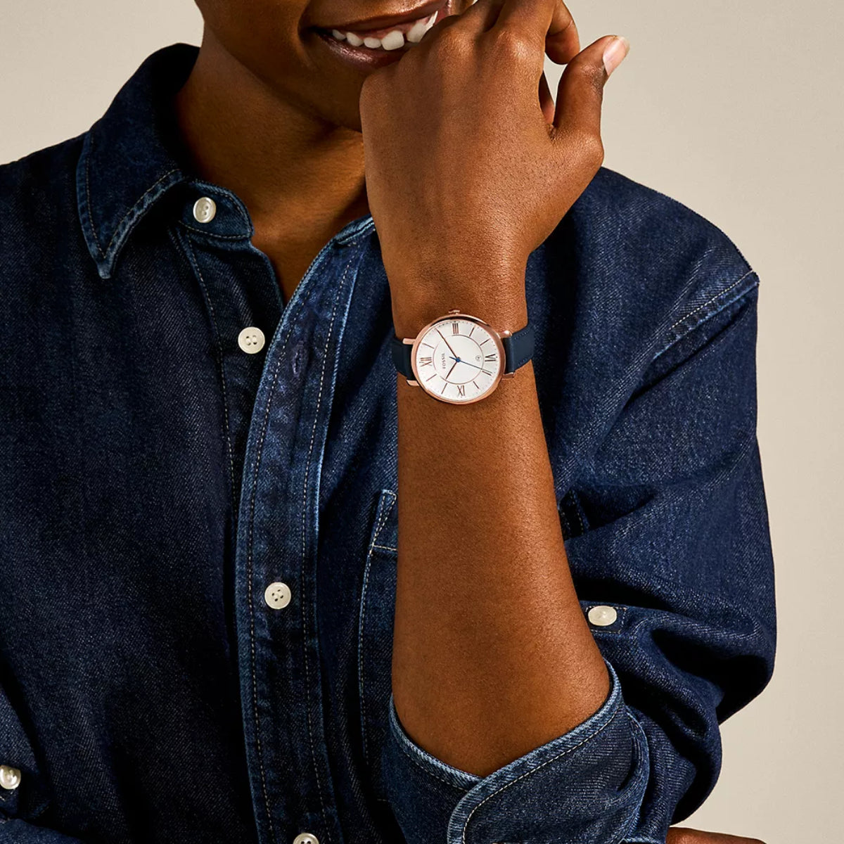 Fossil Jacqueline Women's 36mm Navy Strap Watch - Rose Gold Dial