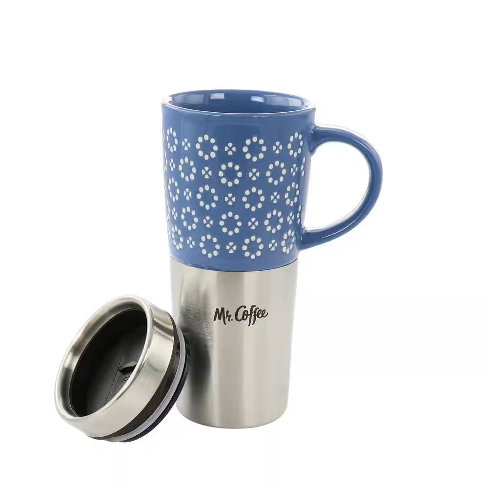 Mr. Coffee 138970 Travertine 16 oz Travel Mug with Lid - Blue
