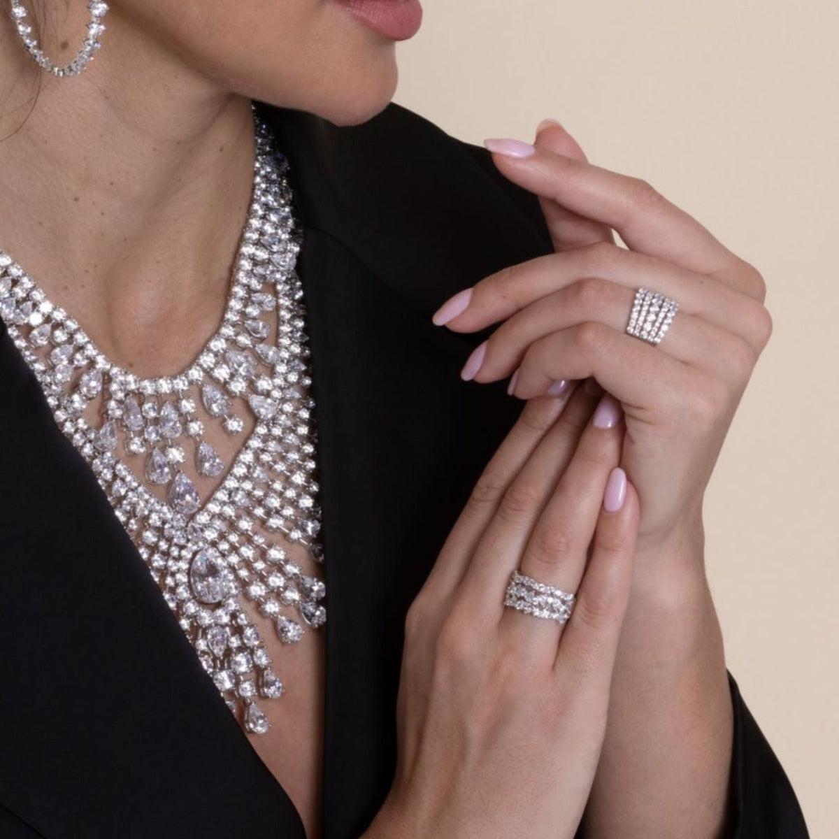 Anna Zuckerman Anastasia 58 Women's 3 ct. Diamond Crystalline 5 O'Clock Cocktail Ring in Platinum-Plating over 925 Sterling Silver - Size 9