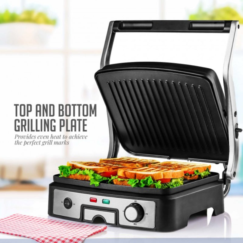 Ovente GP1861BR 4-Slice Electric Panini Grill with Double-Sided Non-Stick Plates - Silver