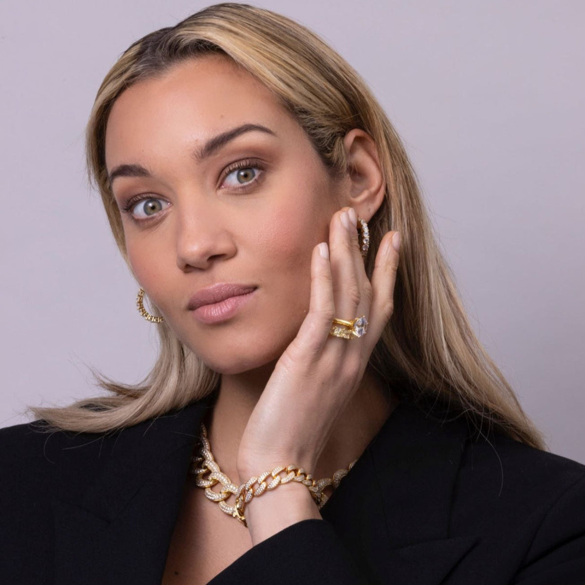 Anna Zuckerman Olivia 74 Women's 8" 3 ct. Diamond Crystalline Havana Cuban Bracelet in 18K Yellow Gold-Plating over 925 Sterling Silver