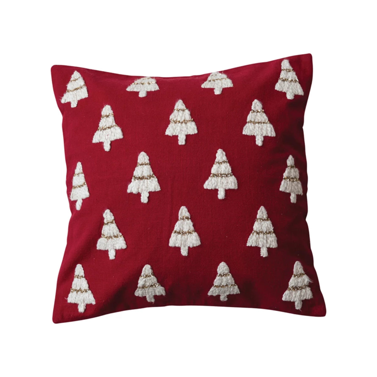 Creative Co-op Slub Pillow with Embroidered Christmas Trees and Beads - Red/White