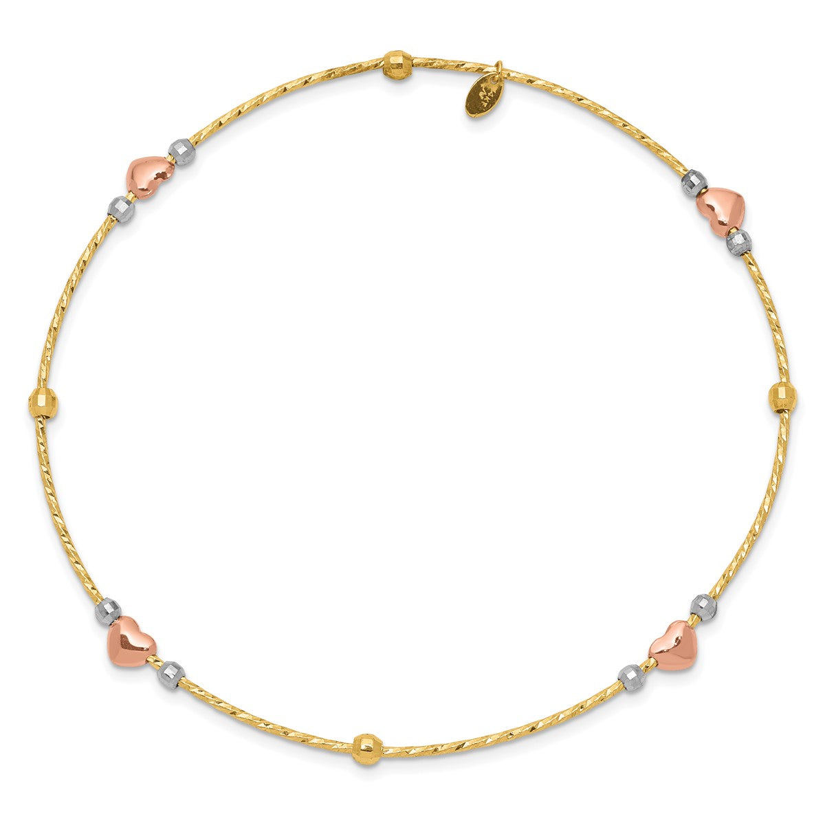 14K Women's 8.25" Diamond-Cut Heart Bangle Bracelet in 14K Three-Tone Gold