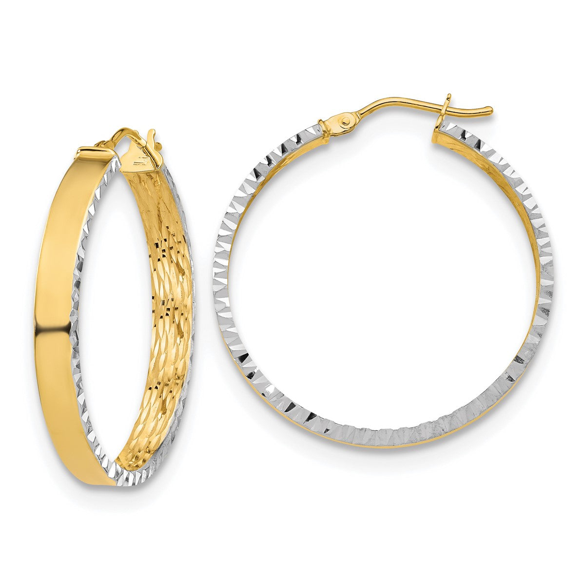 14K Leslie's Women's 3.8mm Diamond-Cut Hoop Earrings in Rhodium Plating-over 14K Yellow Gold