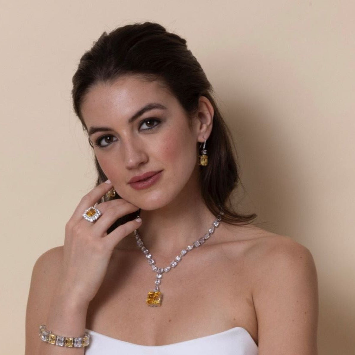 Anna Zuckerman Diana 06 Women's 8 ct. Vivid Yellow Crystalline & 2 ct. Diamond Crystalline Princessa Ring in Platinum-Plating over 925 Sterling Silver - Size 7