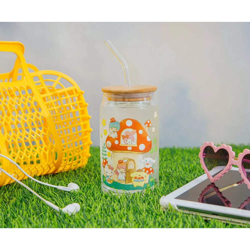 Sanrio Hello Kitty and Friends Mushroom 20 oz Glass Tumbler With Bamboo Lid and Straw - Multicolor