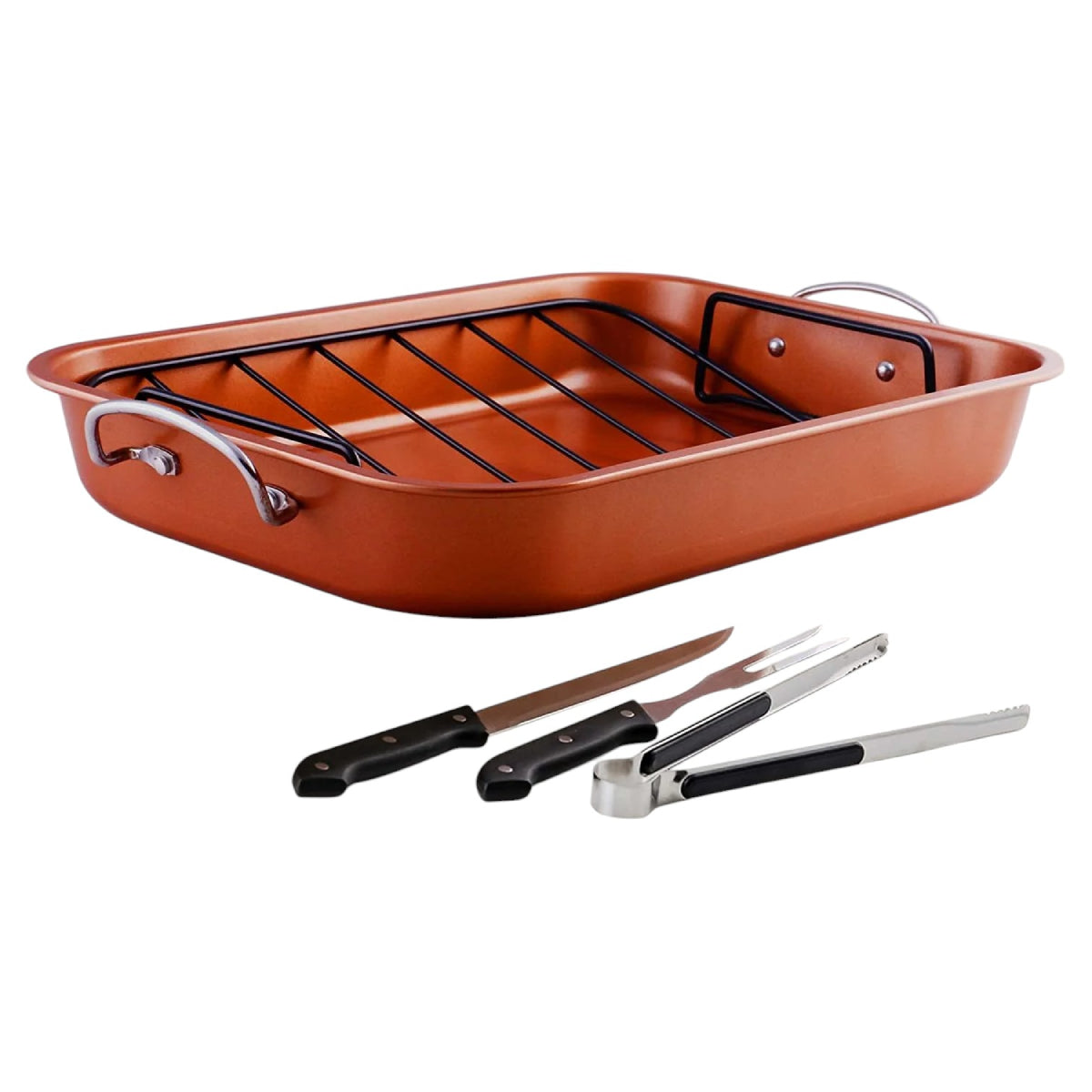 Ovente CWR24619CO Non-Stick Roasting Pan with Carving Knife Set - brown