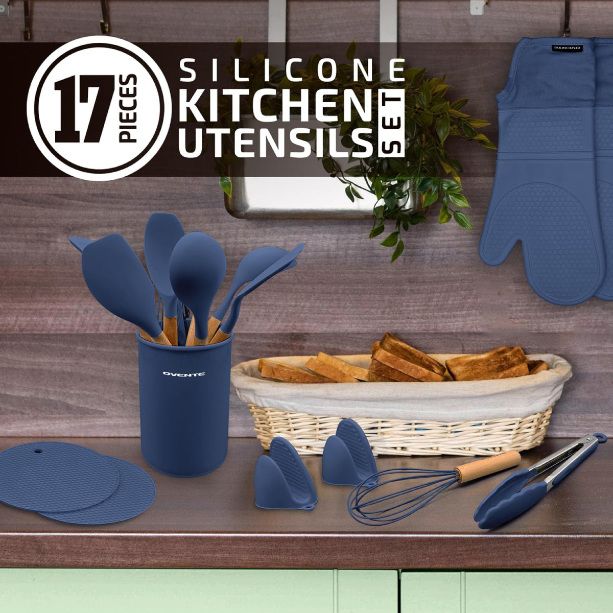 Ovente Silicone Kitchen Utensils Set (17 Pieces) - Blue