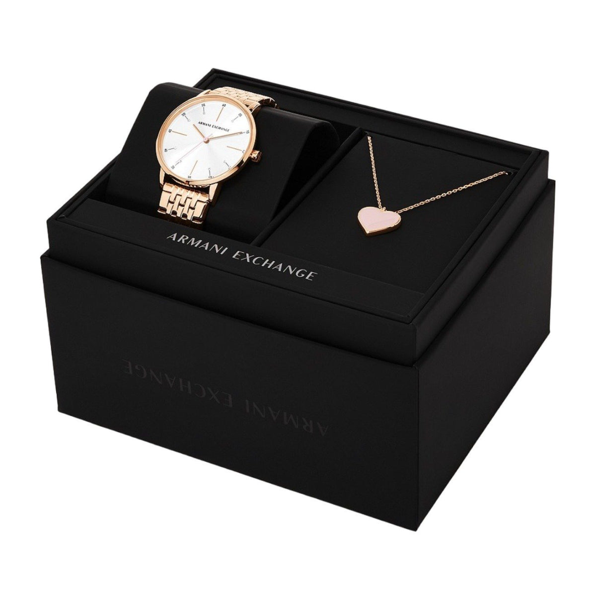 Armani Exchange Women's 36mm Rose Gold-Tone Bracelet Watch with Necklace - White Dial