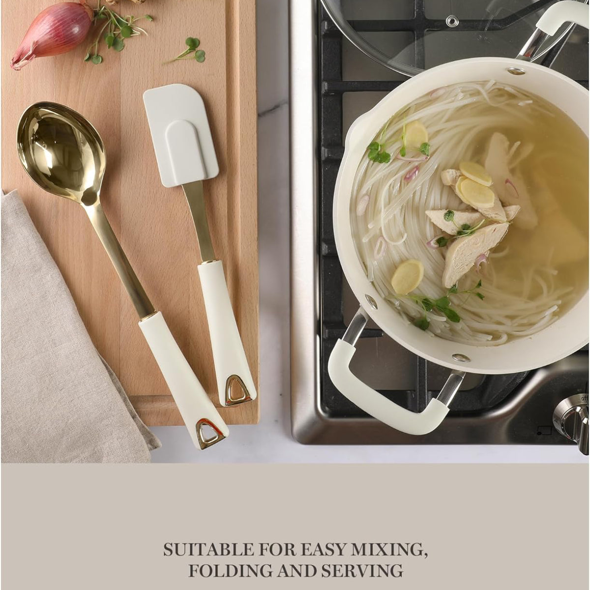 Martha Stewart 143817 Kitchen Scraper and Spoon (2 Piece) Set - Linen/Gold