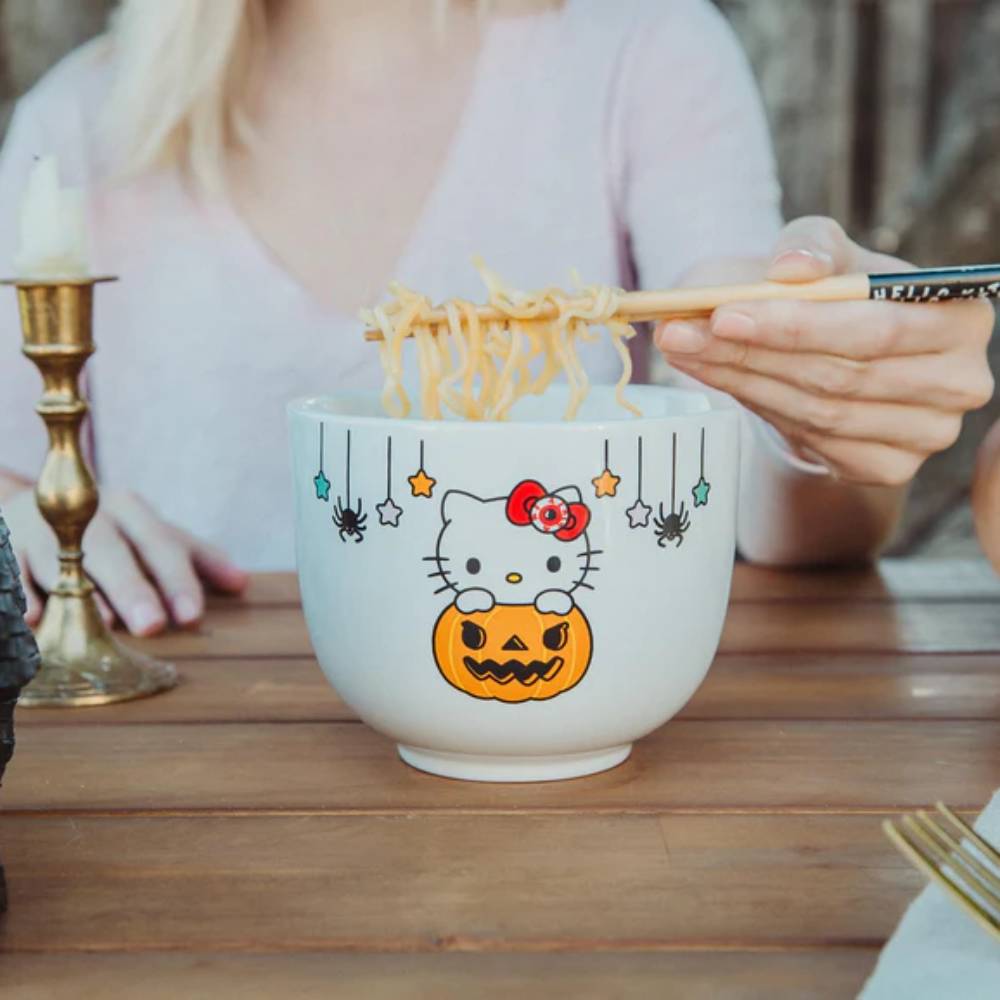 Sanrio Hello Kitty Pumpkin Boo 20 oz Ceramic Ramen Bowl and Chopstick Set