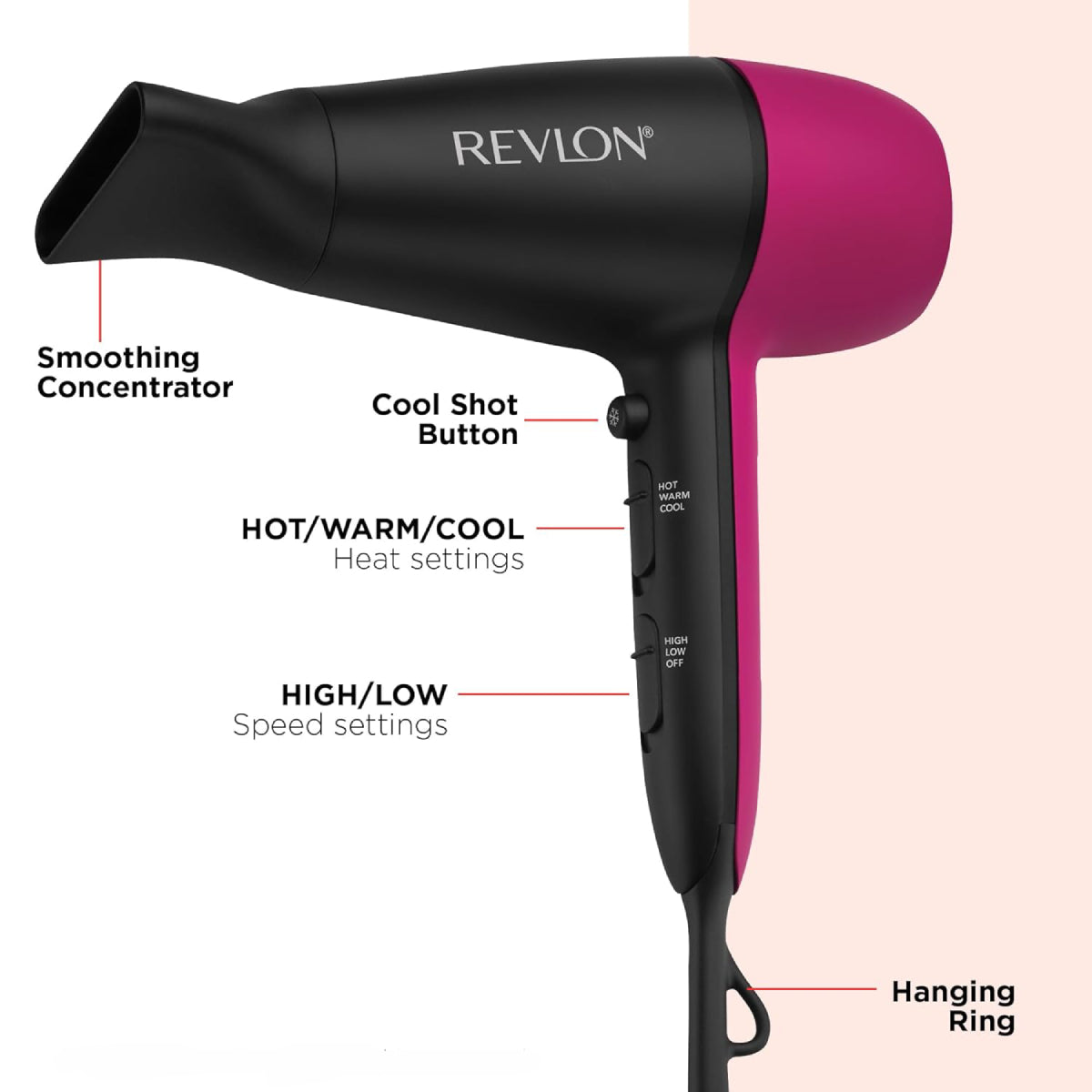 Revlon RVDR5347 Perfect Match Hair Dryer with Concentrator - Black/Pink