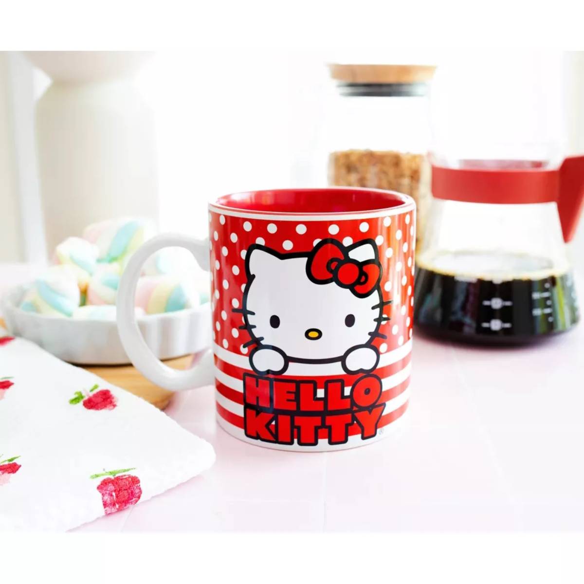 Sanrio Hello Kitty 20 oz Ceramic Dots And Stripes Mug - Red/White