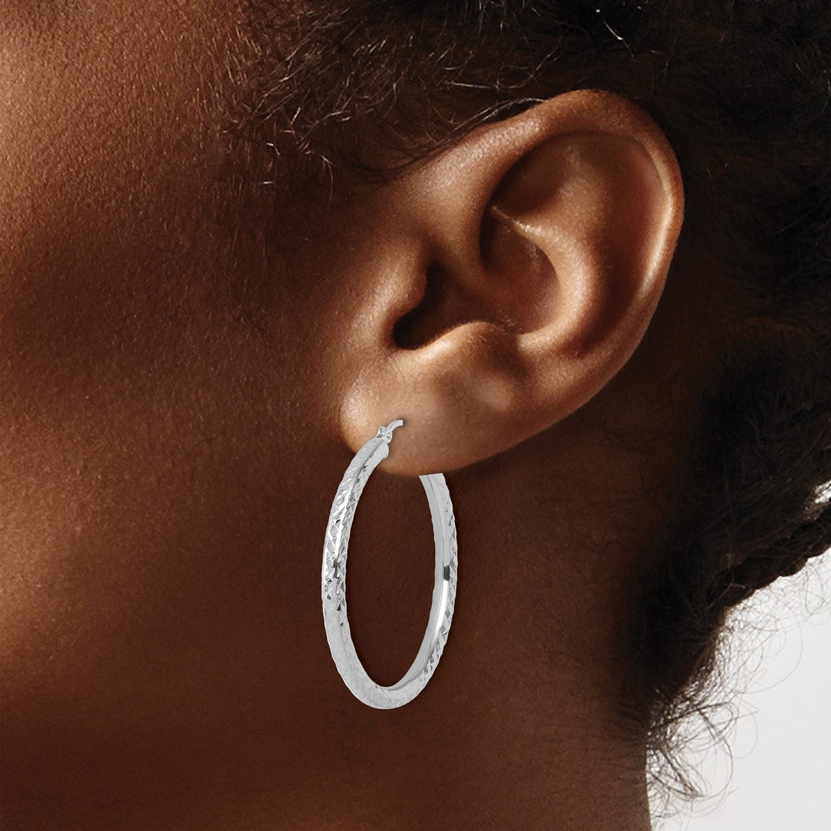 14K Leslie's Women's 3mm Diamond-Cut Hoop Earrings in Rhodium Plating-over 14K White Gold