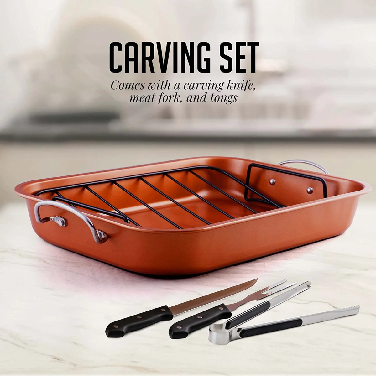 Ovente CWR24619CO Non-Stick Roasting Pan with Carving Knife Set - brown