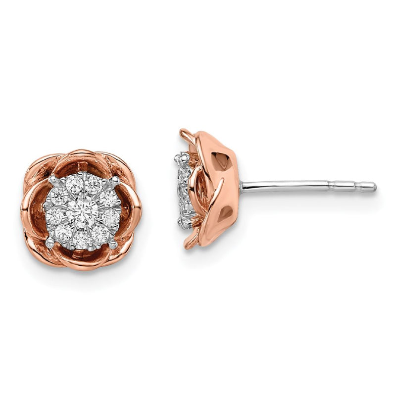 14k Two-Tone Diamond Rose Stud Earrings - White and Rose Gold