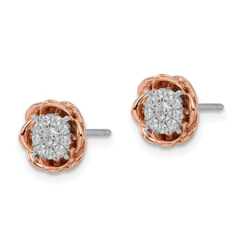 14k Two-Tone Diamond Rose Stud Earrings - White and Rose Gold