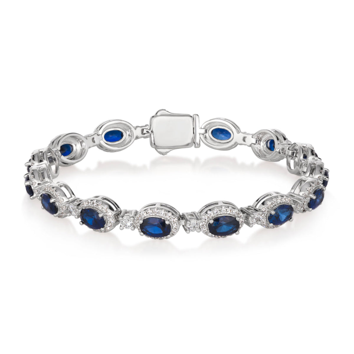 Anna Zuckerman Victoria 18 Women's 7.5" 8.75 ct. Diamond Crystalline and Blue Sapphire Gem Art Deco Bracelet in Platinum-Plating over 925 Sterling Silver