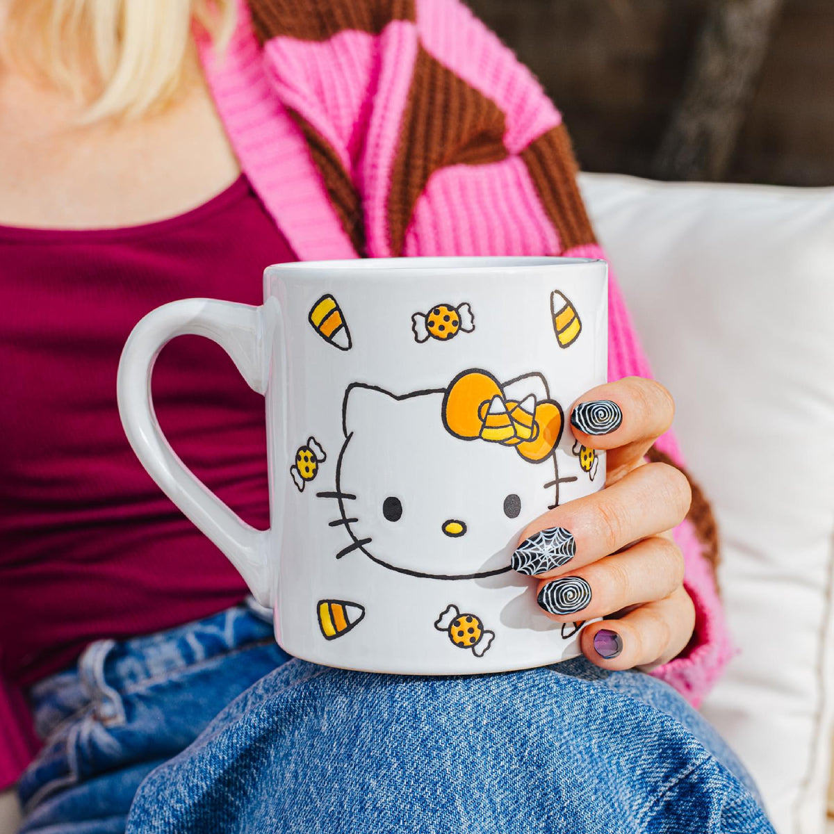 Sanrio Hello Kitty Candy Corn 14 oz Wax Resist Ceramic Pottery Mug - White