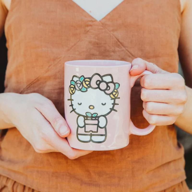 Sanrio Hello Kitty Flower Badge Wax Resist 18 oz Ceramic Pottery Mug - Pink