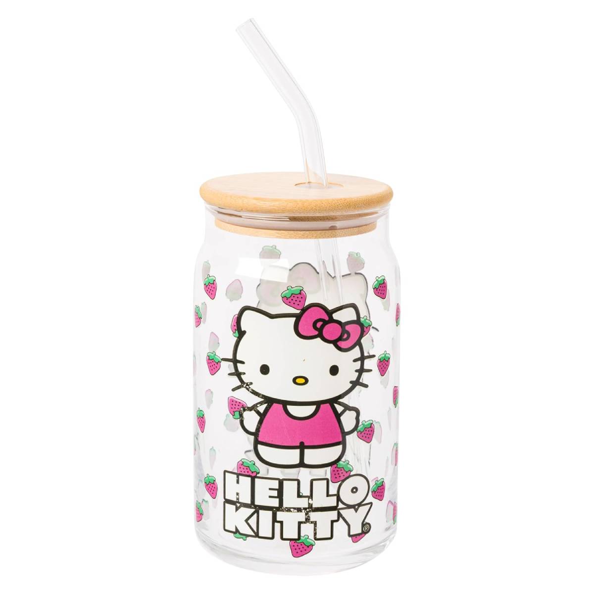 Sanrio Hello Kitty 16 oz Strawberry Toss Glass Tumbler with Lid and Straw - Multicolor