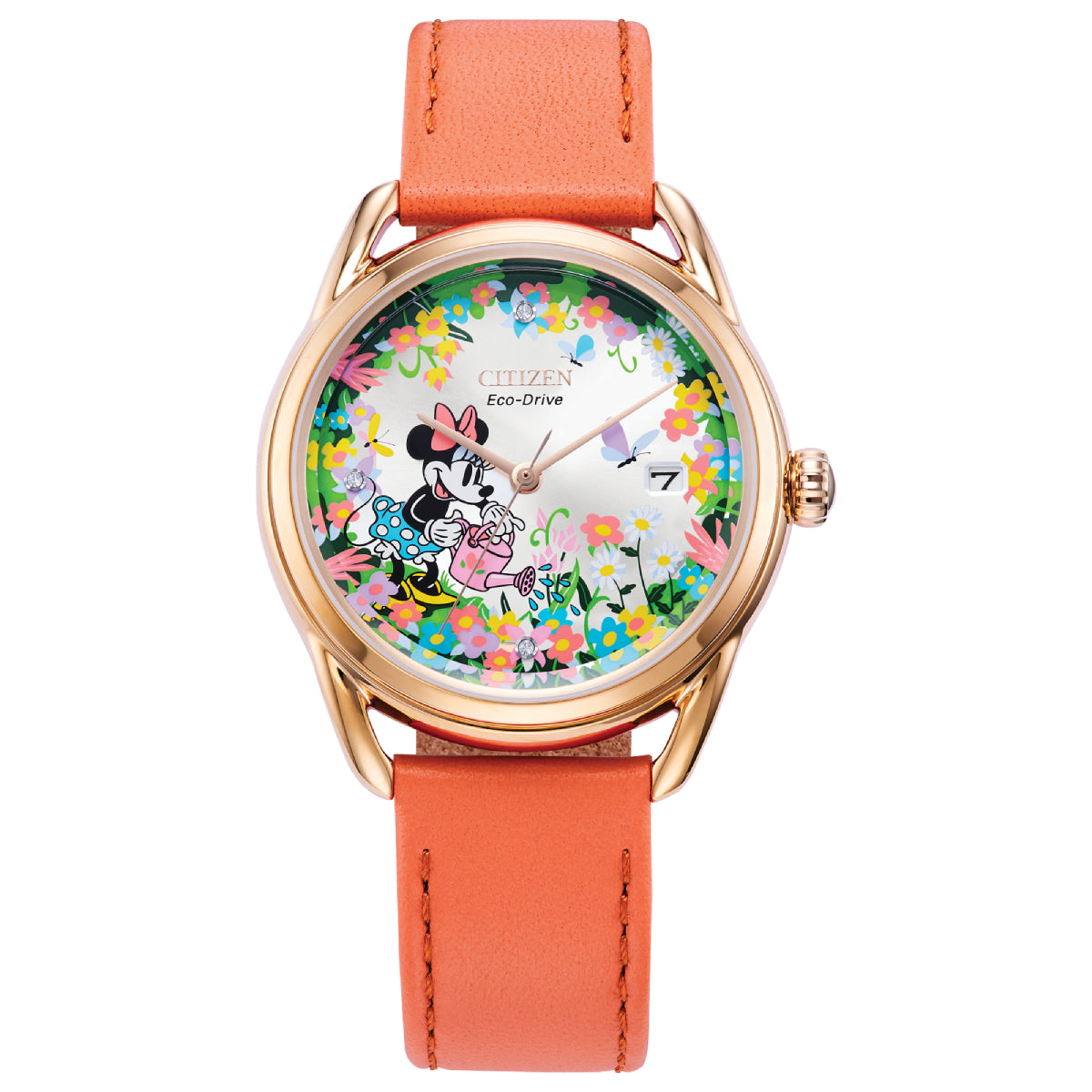 Reloj Citizen Gardening Minnie para mujer, correa naranja de 36 mm, esfera plateada