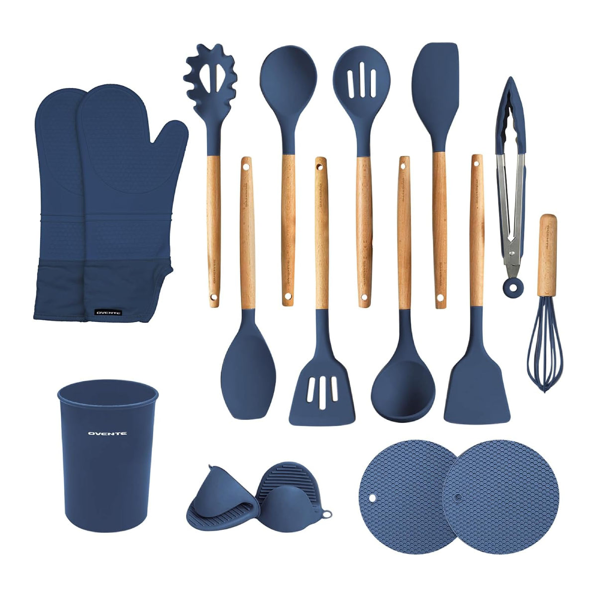 Ovente Silicone Kitchen Utensils Set (17 Pieces) - Blue