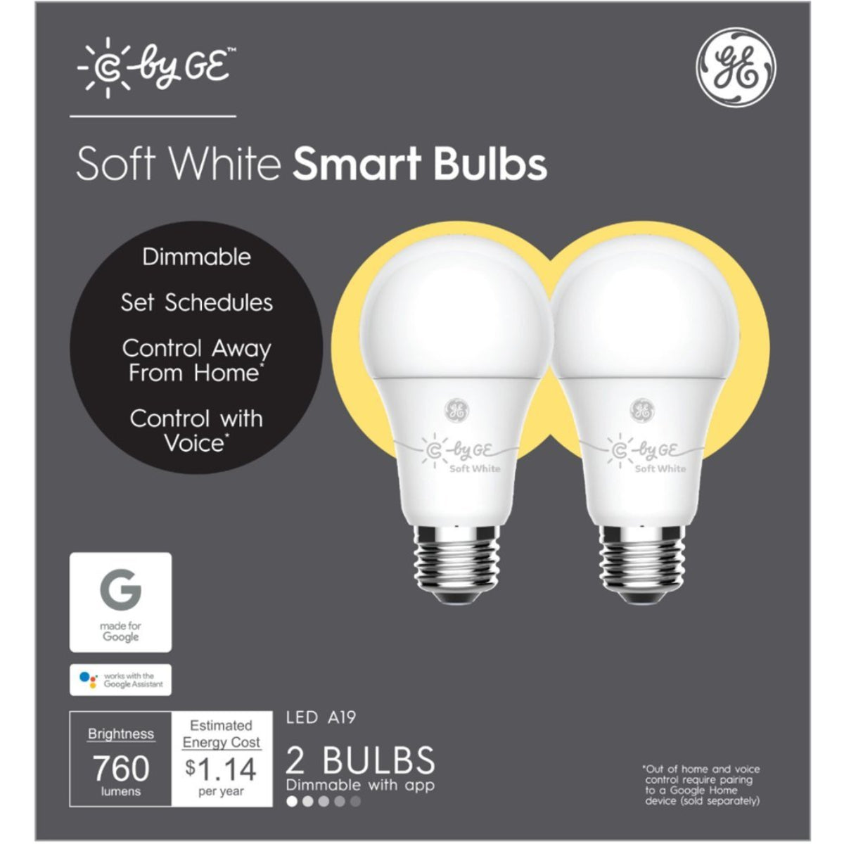 GE C-Life A19 60 Watts Smart LED Light Bulb with WiFi (Set of 2) - Soft White