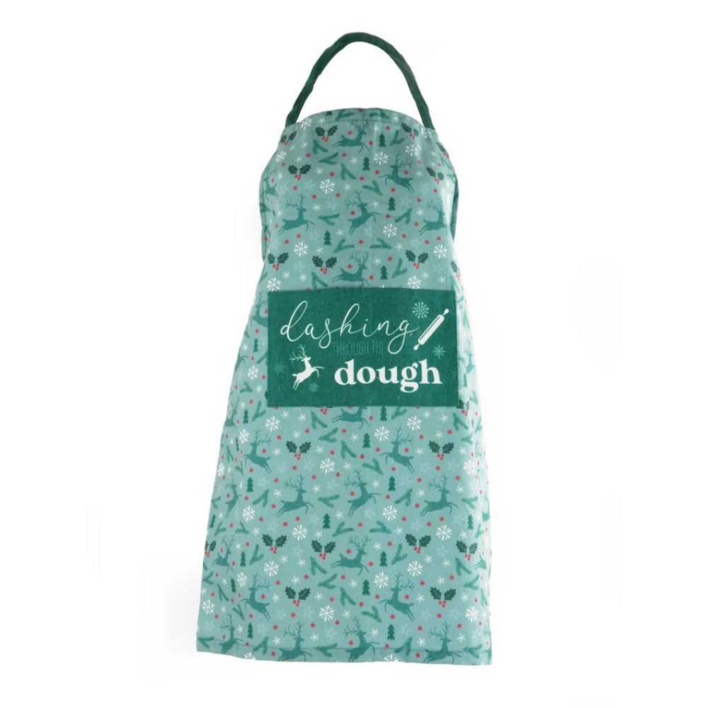 Delantal navideño con texto en inglés "Eat Drink and Be Merry" de Krumbs Kitchen, color negro y rojo