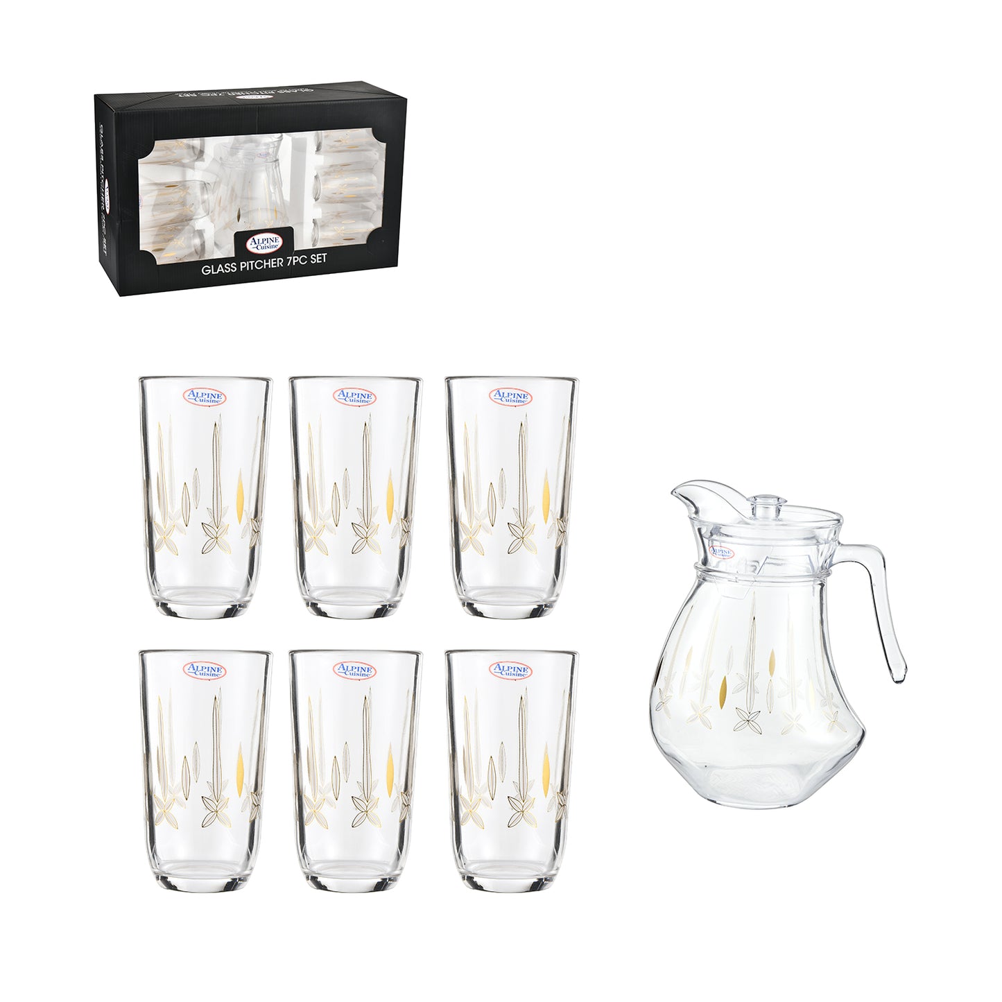 Alpine Cuisine 7-Piece Elegant Glass Pitcher & Tumbler Set – 8oz Floral Desig