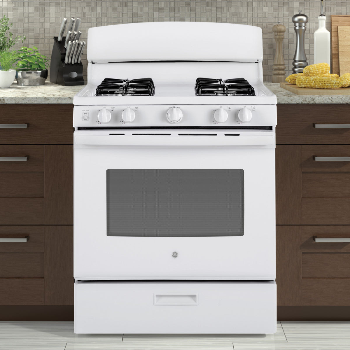 GE JGBS30DEKWW 4.8 cu.ft. 30" Freestanding Gas Range with 4 Sealed Burners - White - Curacao