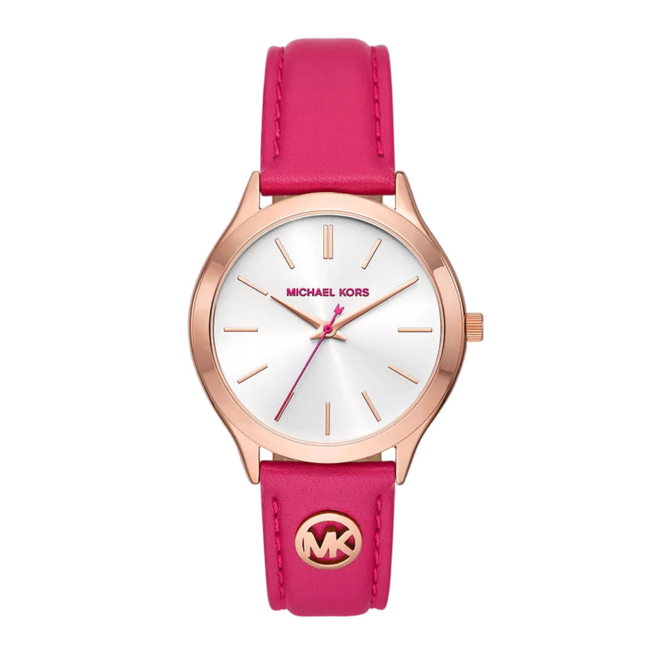 Reloj Michael Kors Slim Runway para mujer, correa rosa de 38 mm y esfera blanca