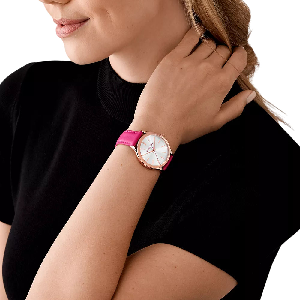 Reloj Michael Kors Slim Runway para mujer, correa rosa de 38 mm y esfera blanca