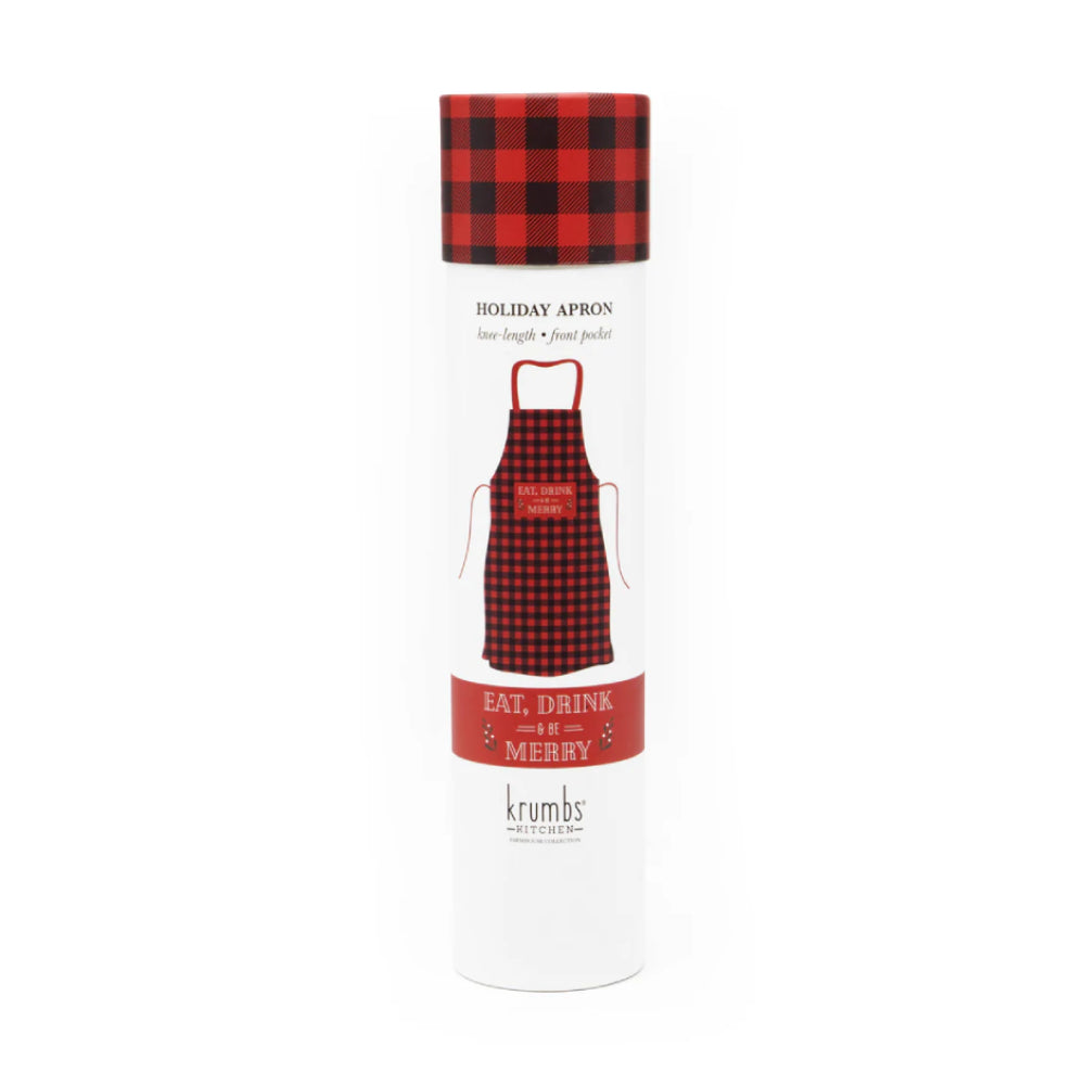 Delantal navideño con texto en inglés "Eat Drink and Be Merry" de Krumbs Kitchen, color negro y rojo