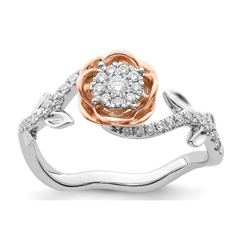 14k Two-Tone Diamond Rose Flower Ring - White and Rose Gold (Size 7)