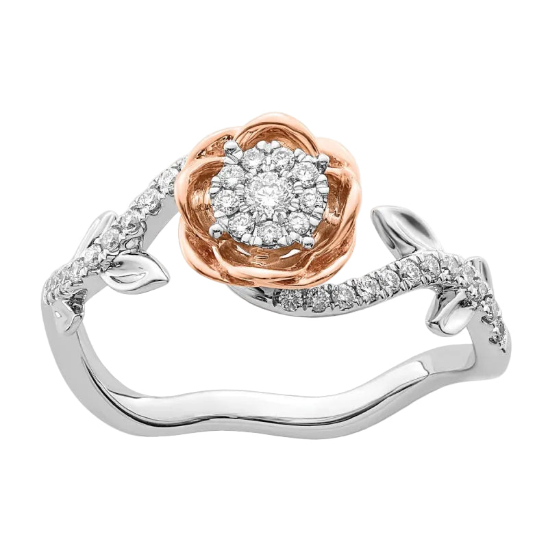 14k Two-Tone Diamond Rose Flower Ring in White and Rose Gold - Size 7
