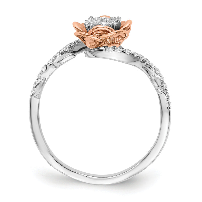 14k Two-Tone Diamond Rose Flower Ring - White and Rose Gold (Size 7)